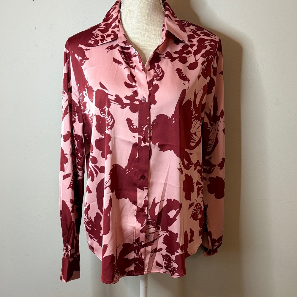Long-Sleeve Pink & Burgundy Floral Button-Down Shirt
